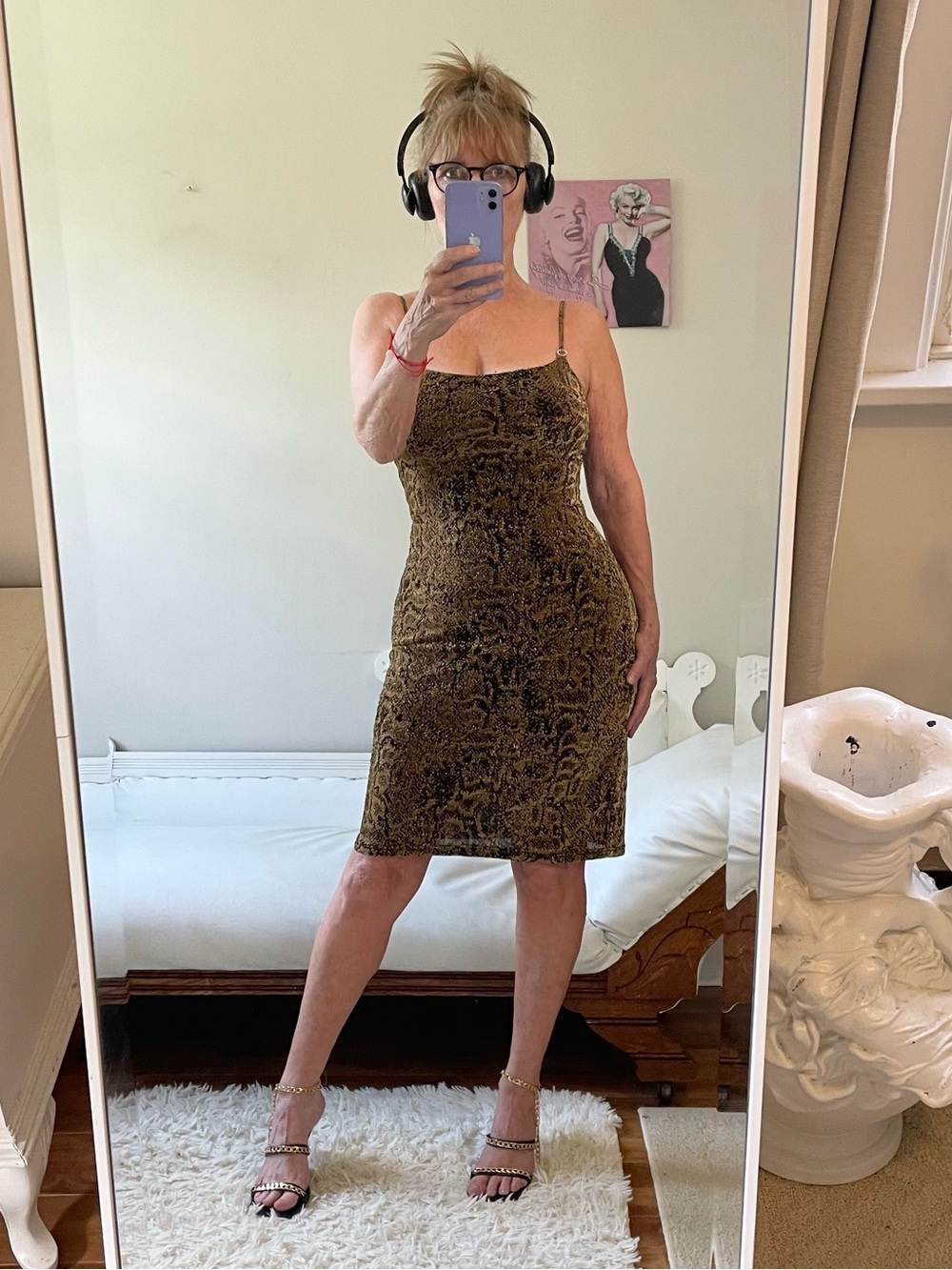BLACK GOLD METALLIC SLIP DRESS ADJUSTABLE STRAPS LINED STRETCH RHINESTONE DETAIL